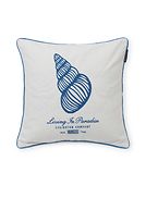 Seashell embroidered pillow cover, white/blue