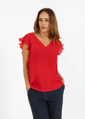Top with ruffles in v-neck, scarlet red