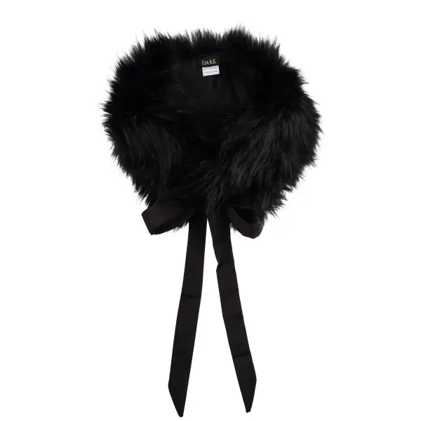 Faux fur fox square scarf with ribbons, black