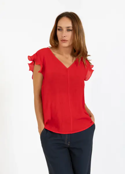 Top with ruffles in v-neck, scarlet red