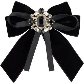 Velvet & satin bow brooch w crystals, black