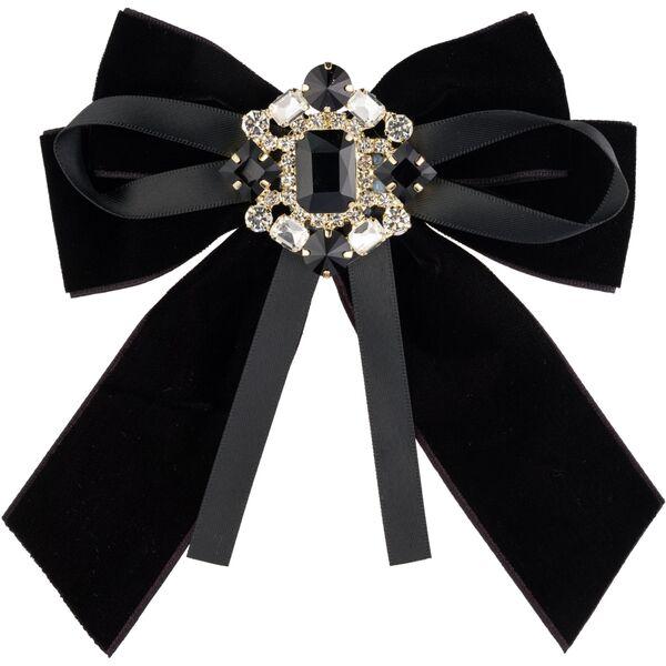Velvet & satin bow brooch w crystals, black