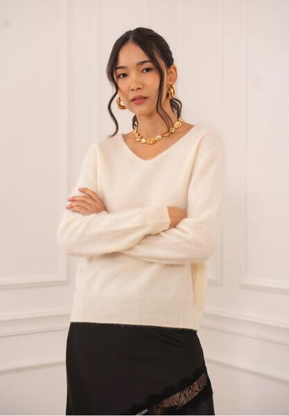 Brushed cashmere & wool sweater, ecru