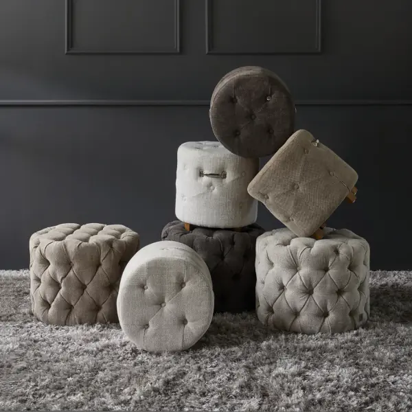 Bowery footstool, rich tweed, antique white