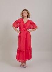 Long dress with frills, coral pink