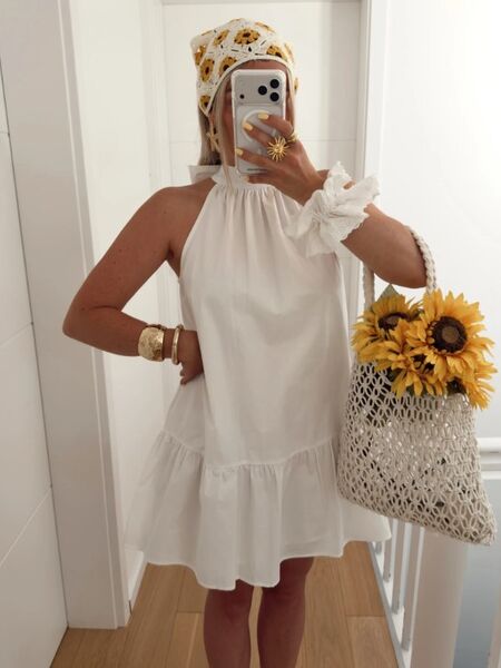 Cotton dress with back tie, white