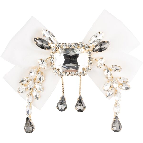 Satin bow brooch with crystals, white