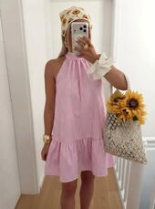 Cotton dress with back tie, pink stripe