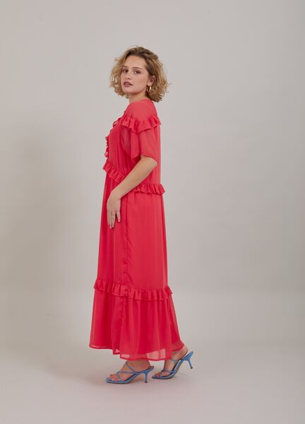 Long dress with frills, coral pink