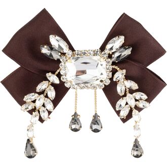 Satin bow brooch with crystals, black