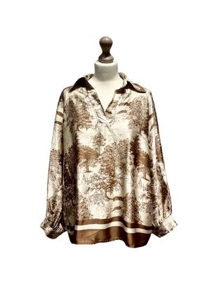 Long sleeve blouse with Toile De Jouy print, brown