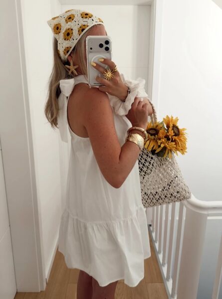 Cotton dress with back tie, white