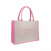 Canvas tote "C'est la vie" medium, sand/bubblegum pink