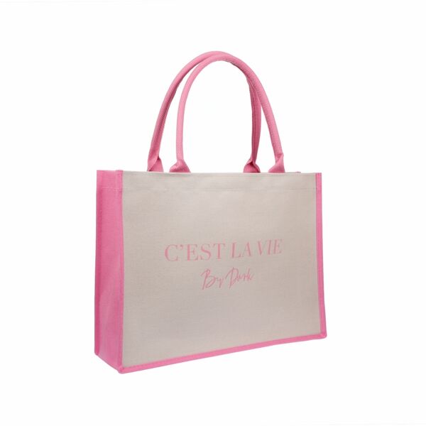 Canvas tote "C'est la vie" medium, sand/bubblegum pink