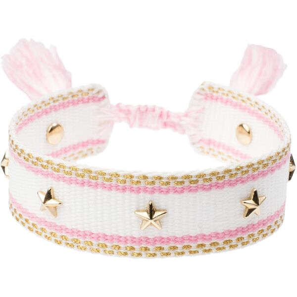 Woven bracelet star studs, white w bubblegumpink gold