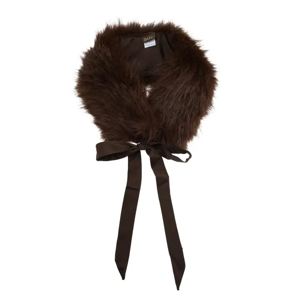 Faux fur fox square scarf with ribbons, chocolate
