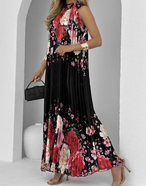 Flower plisse dress, noir