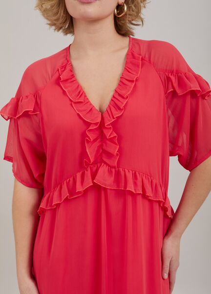 Long dress with frills, coral pink