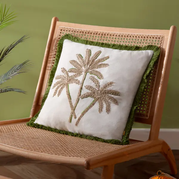 Palm embroidered cushion cover 45x45, green