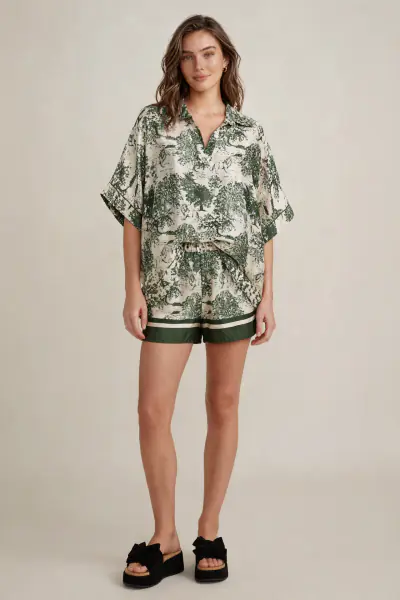 Shorts with Toile De Jouy print, green