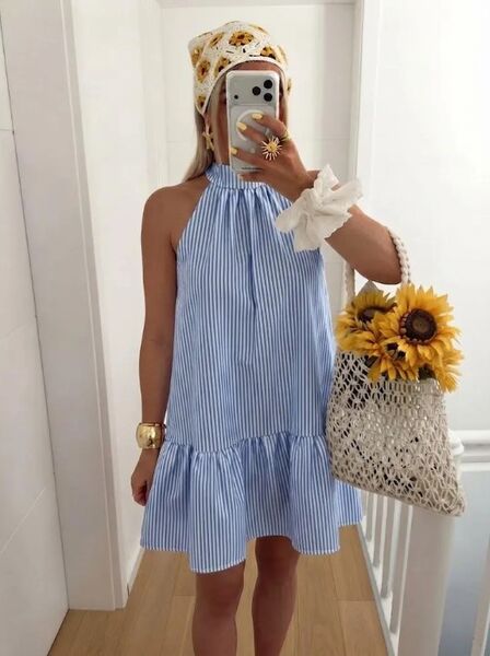 Cotton dress with back tie, light blue stripe