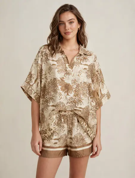 Shorts with Toile De Jouy print, beige