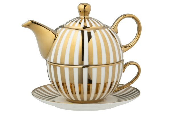 Teapot set striped porcelain, gold colored/white