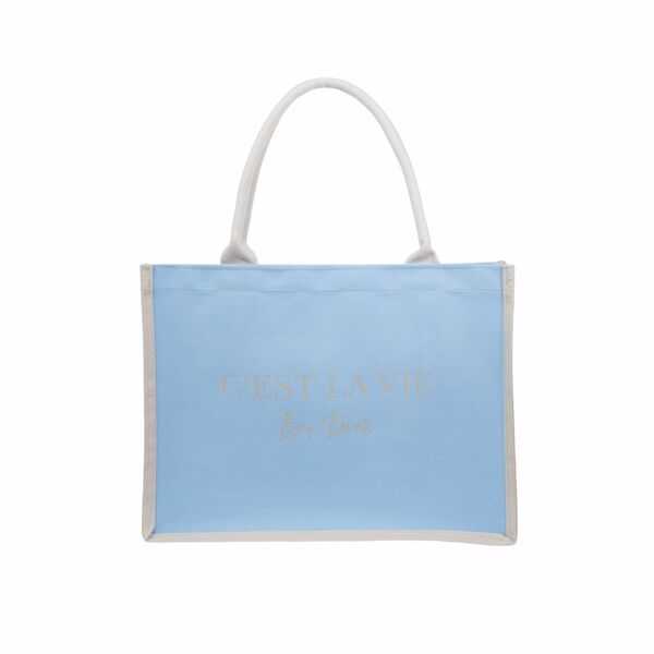 Canvas tote "C'est la vie" medium, ibiza blue/sand
