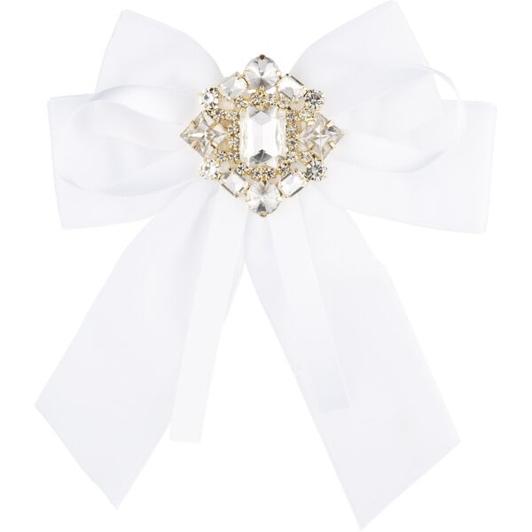 Velvet & satin bow brooch w crystals, white