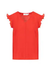 Top with ruffles in v-neck, scarlet red