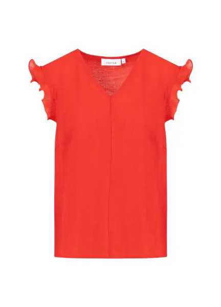 Top with ruffles in v-neck, scarlet red