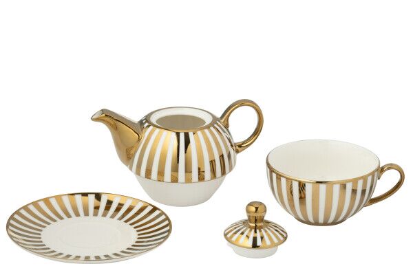 Teapot set striped porcelain, gold colored/white