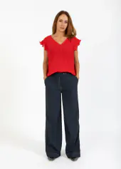 Top with ruffles in v-neck, scarlet red