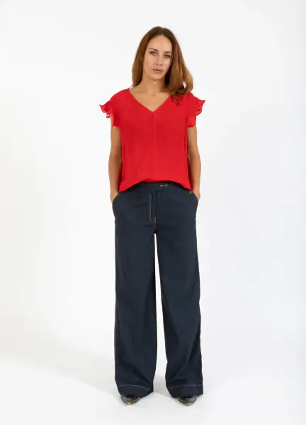 Top with ruffles in v-neck, scarlet red