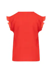 Top with ruffles in v-neck, scarlet red