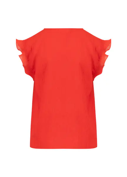 Top with ruffles in v-neck, scarlet red