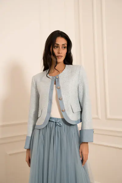 Tweed sequin jacket, bleu ciel