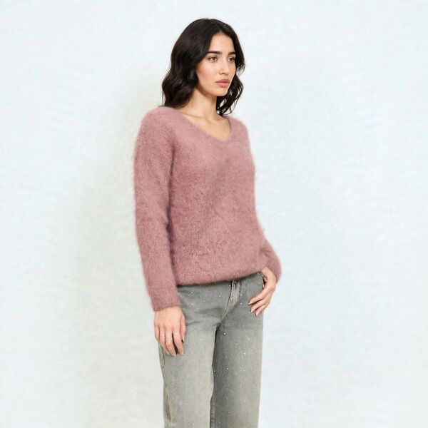 V-neck mohair knit, baby pink