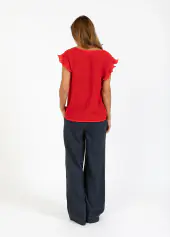 Top with ruffles in v-neck, scarlet red