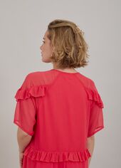 Long dress with frills, coral pink