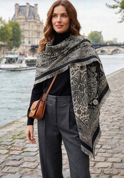 Pattern wool blend scarf, black