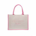 Canvas tote "C'est la vie" medium, sand/bubblegum pink