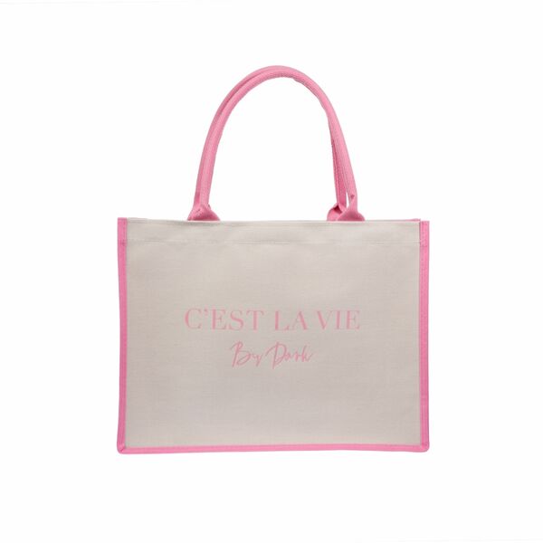 Canvas tote "C'est la vie" medium, sand/bubblegum pink