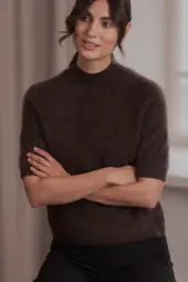 Karliea short sleeve mock neck cashmere sweater, dark chocolate