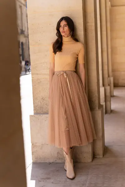 Aria tulle skirt with dots, camel/or