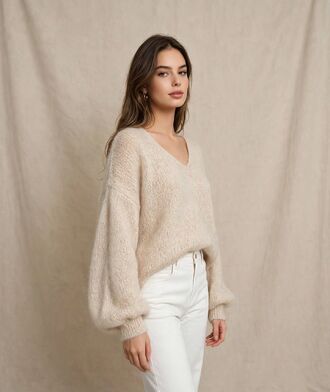 V-neck kid mohair sweater, beige