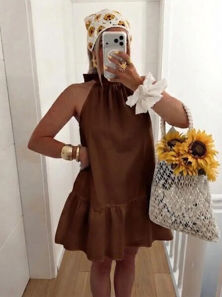 Cotton dress with back tie, chocolate