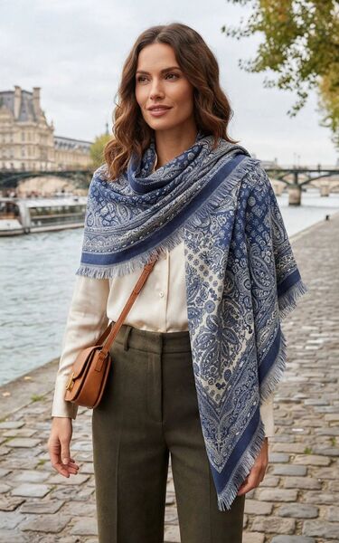 Pattern wool blend scarf, navy