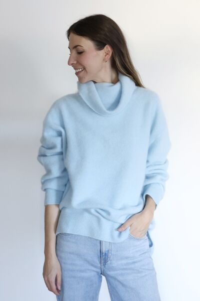 Bella raccoon blend turtle neck knit, maya blue