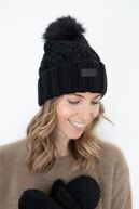 Cable Knit Beanie with Pom, black